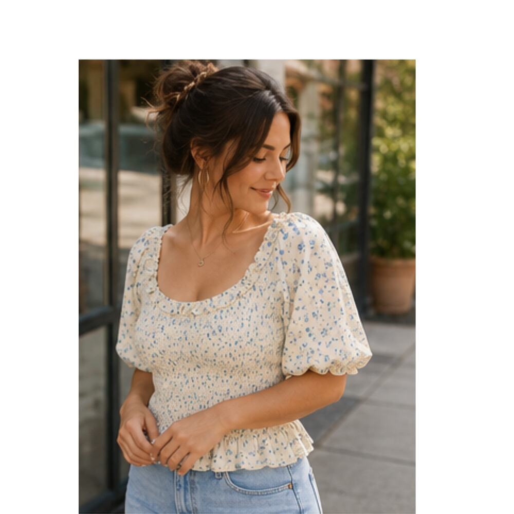 Arula x Favorite Sister Blouse Cream Blue Puff Sleeve Size XL Prairie Farmhouse - Picture 14 of 15